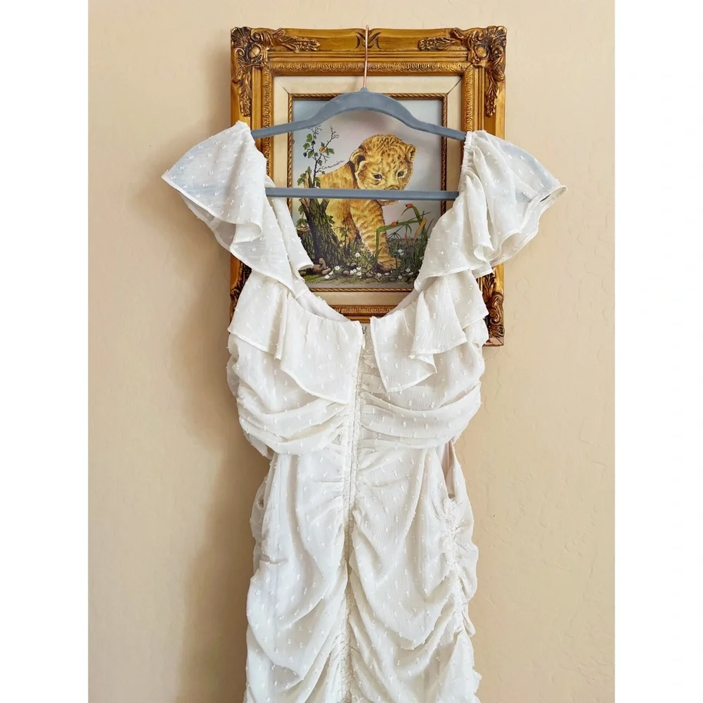 ASTR Ivory Cream Off White Swiss Dot Textured Ruched Ruffle Cut Out Midi Dress - Picture 13 of 17